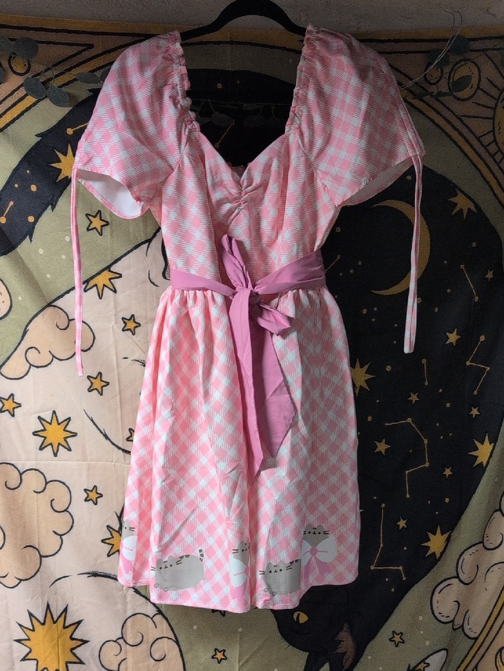Unique Vintage Pink and White Gingham Mini Dress with Bow Sash